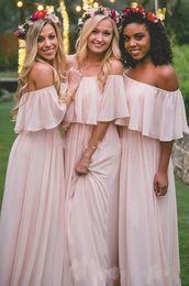 Cheap Long Bridesmaid Dresses Off The Shoulder Chiffon Summer Blush Bridesmaid Pink Formal Prom Party Dresses with Ruffles