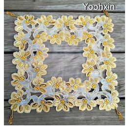 Luxury Gold beads embroidery table place mat pad cloth tea cup holder coaster Christmas dining placemat mug drink doily kitchen