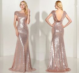 Sparkly Rose Gold 2024 Mermaid Bridesmaid Dresses Short Sleeves Backless Long Beach Sequins Wedding Party Dresses Champagne HY242