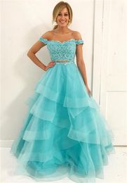 Off the Shoulder Top Lace Blue Tulle Prom Dress Two Piece Top Lace A Line Blue Tulle Lace Elegant Prom Gown Party Gown