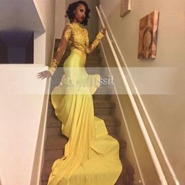 Yellow South African Prom Dresses Long Sleeve Mermaid Lace Appliqued Banquet Evening Party Gown Custom Made Plus Size