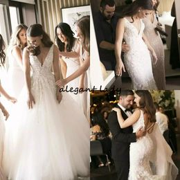 -2019 steven Khalil Meerjungfrau Brautkleider mit Entlekahle Rock Sweep Zug für Tanzperlen Tief V-ausschnitt Land Brautkleider Hochzeitskleid
