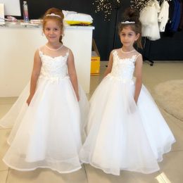 Girls First Communion Dresses Lace Cute White Iovry Flower Girl Dresses With Sleeves for Weddings Children Prom Gown
