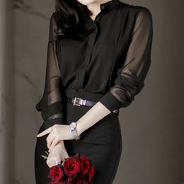 Spring Autumn Loose Stand Collar Chiffon Transparent Long Sleeve Simple Womens Blouses Tops Shirt Black S/M/L/XL/XXL