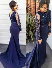 Sexy Lace V Backless Evening Formal Dresses Long Sheer Neck Illusion Long Sleeves Sequin Beaded Satin Mermaid Sweep Train Prom Dress Cheap