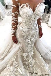 2022 Glamorous Mermaid Wedding Dresses with Detachable Train Illusion Sheer Neck Long Sleeves Handmade Flowers Luxury Bridal Gowns BA9786