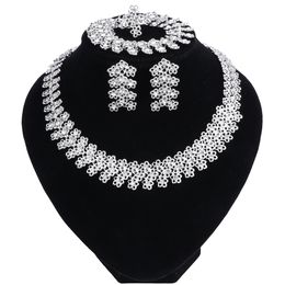 Fashion Bridal Wedding Silver Colour Rhinestone African Costume Dubai Party Necklace Bracelet Earring Ring Jewellery Set