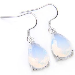 Luckyshien 6 Pairs/ Lot Holiday Gift Ear Jewelry Teardrop Shaped White Opal Gemstone 925 Sterling Silver Plated Women Drop Wedding Earring