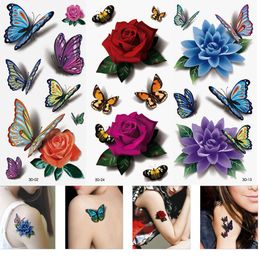 3 Sheets Women's 3D Colorful Waterproof Body Lip Art Sleeve DIY Stickers Glitter Temporary Tattoos Mini Rose Flower Butterfly