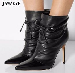 2018 Sexy Ankle Boots Woman Pointed Toe Patchwork Bow Bandage Ankle Strap High Heel Boots Women Short Boots