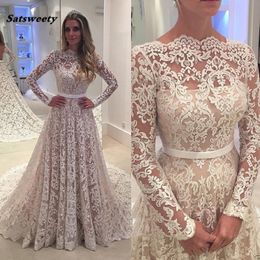 Vestido De Noiva Vintage Wedding Dress Lace Boat Neck Long Sleeves Backless Bridal Gown Casamento Mariag Robe De Mariee