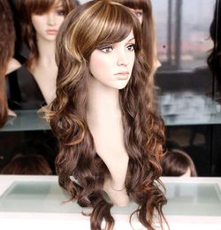 Hot Sell Fashion Long Brown Mix Blonde Curly Wavy Women's Lady Hair Wig Wigs+Cap
