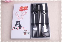Wedding Favors Gifts Heart Shape Stainless Steel Fork Spoon Chopsticks 3 Pieces in One Set wen7070