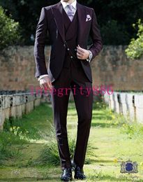 Fashion Burgundy 3 Piece Suit Men Wedding Tuxedos Handsome Groom Tuxedos Excellent Men Business Dinner Prom Blazer(Jacket+Pants+Tie+Vest)500