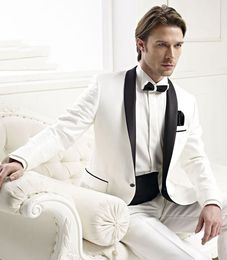 New Popular White Groom Tuxedos Black Shawl Lapel Trim Fit Groomsmen Wedding Tuxedos Men Party Suits((Jacket+Pants+Tie+Girdle) NO;407