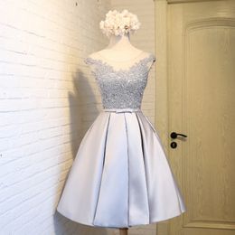Silver Gray Bridesmaid Dresses Satin Knee Length Sheer Neck with Floral Applique Lace-up/Zipper Back Wedding Party Dresses