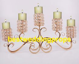 New style Candle Holders 5-Arms Candlestick With Crystals Candelabra Metal Gold Stand Pillar For Wedding Portavelas best0124