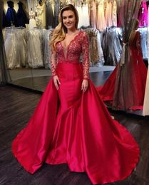 Satin New Designer Mermaid Overskirts Evening Dresses Turkey Lace Appliqued Long Sleeve Prom Gowns V Neck Beaded Party Dress