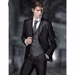 Classic Design Shiny Black Groom Tuxedos Peak Lapel One Button Groomsmen Mens Wedding Tuxedos Excellent Man Suit(Jacket+Pants+Vest+Tie) 101