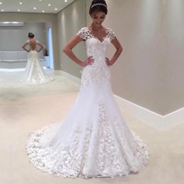 Luxurious Mermaid Wedding Dresses With Hand Made Flowers V-Neck Cap Sleeve Backless Vestido De Novia Bridal Gowns