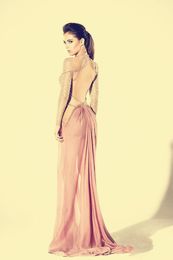 Evening dress Yousef aljasmi Kim kardashian Long sleeve O-Neck Beaded Mermaid Satin Backless Almoda gianninaazar ZuhLair murad