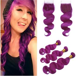 purple human hair extensions Canada - Malaysian Purple Human Hair 3Bundles Body Wave Wavy Weave Extensions with Closure Pure Purple 4x4 Lace Front Closure with Hair Weaving