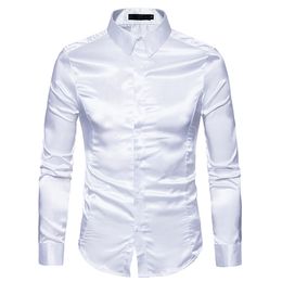 Mens White Silk Shirt 2018 Fashion Silk Satin Men Social Shirt Casual Slim Fit Long Sleeve Dress Shirts Male Camisa Masculina