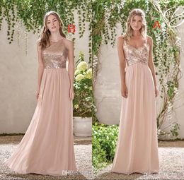 Cheap Rose Gold Bridesmaid Dresses A Line Spaghetti Backless Sequins Long Beach Wedding Gust Bridesmaids Dress Maid of Honour Gowns