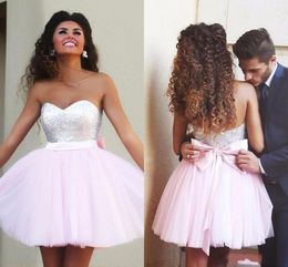 Silver and Pink Said Mhamad Sexy Pink Short Cocktail Dresses Sequined Sweetheart Tiered Tulle Mini Bow Knot Homecoming Graduation Dress