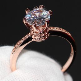 Crown Wedding Band Ring for Women Luxury Jewellery 925 Sterling Silver Rose Gold Filled Round Cut White Topaz Female Engagement Ring Gift