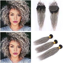 Mongolian Kinky Curly Human Hair Weaves Ombre Silver Grey with Closure #1B/Grey Ombre 4x4 Lace Closure with Virgin Hair Weft 3 Bundles