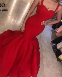 Sexy 2018 Red Mermaid prom Dresses Long Spaghetti Straps Sweetheart Zipper Back ruched Satin cheap party evening gowns sweep train