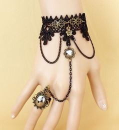 free new European and American popular gothic style black lace bracelet with ring integrated chain, fashionable and elegant