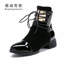 35-43 Women Boots Genuine Leather Flat  Ankle Boots Womens Motorcycle Autumn Shoes Women Winter Patent leather Botas