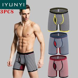 IYUNYI 3Pcs\lot Men Long Boxer Cotton Striped Boxer Shorts Men Underwear Mid Waist Underpants Long Leg Shorts