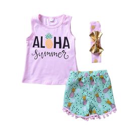 2018 Summer Girls Clothing Set Children Girl Pineapple Printed Sleeveless T-shirt Tops Vest Tassel Shorts Headband 3Pcs Toddler Outfits 1-6T