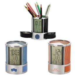 Electronic stainless iron mesh pen holder multifunctional electronic clock office gift Pencil Cases