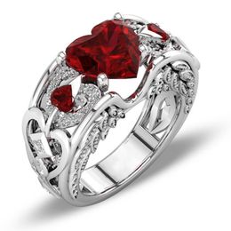 Jewelry Ring Princess 925 Silver Red Ruby Gemstone Birthstone Wedding Engagement Heart Ring