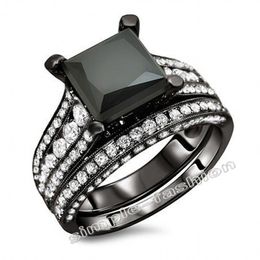 Fashion Jewellery Engagement Princess cut 8mm Cz 5A Zircon stone 10KT Black Gold Filled 2-in-1 Wedding Ring Bridal Set Sz 5-11