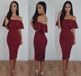 Burgundy Sheath Short Prom Dresses Off Shoulder Tea Length Formal Holidays Graduation Dress Evening Party Gown Custom Made Plus Size