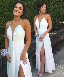 Sexy Slit Prom Dress White Halter Neckline Evening Dress Deep V neckline Sexy elegant evening formal dresses