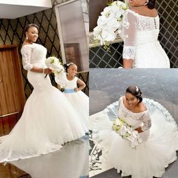 Elegant Sheer Scoop Mermaid Wedding Dresses Lace Half Sleeve Plus Size Country Custom Bridal Gown Train Church Bride Dress New Arrival