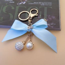 Cute Key Ring Chains Holder For Bag Bowknot Flower Rhinestones Charm Pendant Gold Color Keychain Jewelry For Women Girl