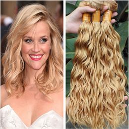 Honey Blonde Virgin Indian Water Wave Human Hair Weave Bundles #27 Light Brown Human Hair Bundle Deals 3Pcs Wet Wavy Hair Extensions