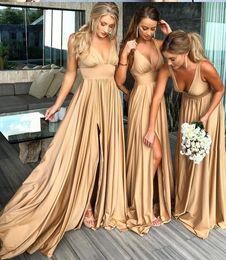 Sexy Deep V-neck Side Split Bridesmaid Dresses Long Open Back Ruched Cap Sleeve Wedding Party Dress Bridesmaids For Bridal