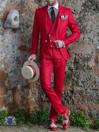 New Fashion Red 3 Piece Suit Men Wedding Tuxedos Handsome Groom Tuxedos Excellent Men Business Dinner Prom Blazer(Jacket+Pants+Tie+Vest) 481