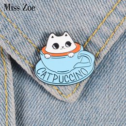Miss Zoe Cat coffee Enamel pins Coffee cup brooch Bag Clothes Lapel Pin Button Badge Cartoon cute animal Jewelry Gift for friends kids