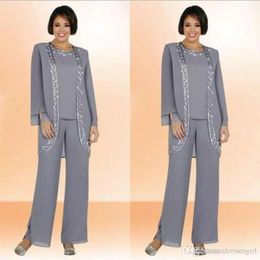 Elegant Gray Chiffon Mother Of The Bride Pant Suits With Long Sleeve Jacket Cheap Embroidery Formal Dress Plus Size Wedding Guest Gowns