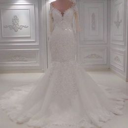 Gorgeous Plus Size Wedding Dresses Sequins Beads Lace Applique Long Sleeve Bridal Gowns 2018 Sexy Off Shoulder Dubai Mermaid Wedding Gowns