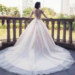 Illusion Long Sleeves Lace Ball Gown Wedding Dresses Big Train Custom Made Plus Size Bridal Gowns Buttons Back Lace wedding gowns